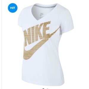 Nike White V Neck Tee Gold Logo Workout Lounge Size L Women’s Yoga Running
